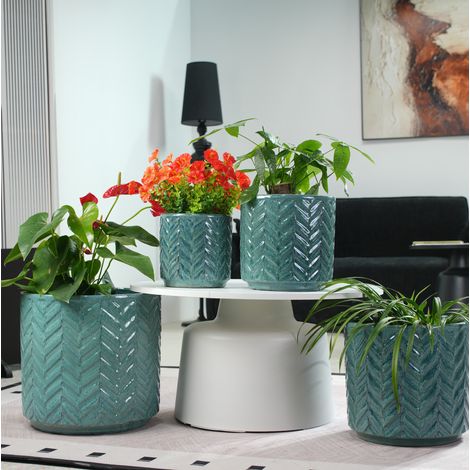 Set 4 pots de fleurs Ø38/31,5/24,5/20 cm céramique bleu aqua, drainants pour balcon – MEUBLIV (1/5)