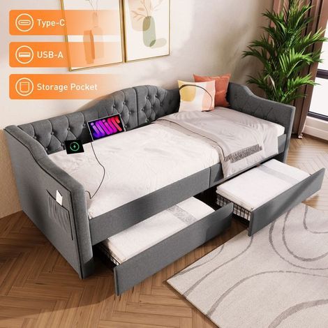 Canapé-Lit 90 x 200 cm en lin gris 2 tiroirs USB-C tête de lit rembourrée rangement intégré (1/5)