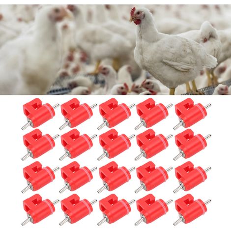 Paquete de 20 bebederos automáticos para pollos, fabricados en plástico rojo, para aves de corral y animales de granja. Color rojo, superficie rugosa. (1/5)
