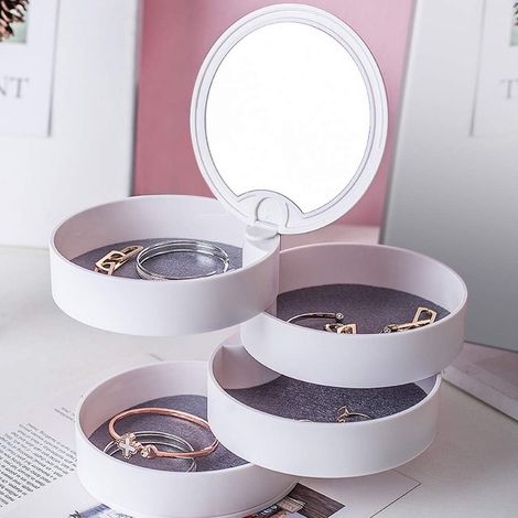 Boîte à bijoux pour petites bagues, rangement à 4 niveaux avec miroir rotatif à 360°, rangement pour boucles d'oreilles, cadeau anti-mites (1/5)
