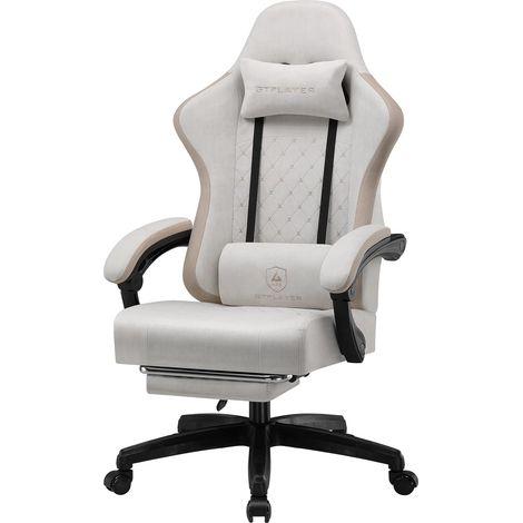 GTPLAYER Chaise de gaming ergonomique avec surface en tissu, coussin de siège à ressort, accoudoirs de connexion et repose-pieds, Beige brun (1/5)