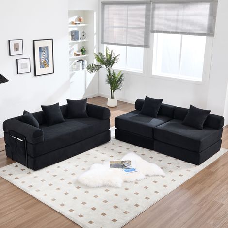 Sofá modular convertible 270x180x64 cm negro en pana con bolsillo lateral y montaje sin herramientas (1/5)