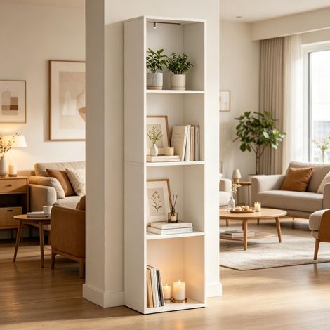 Meuble de rangement vertical 4 compartiments, bibliothèque étroite pour salon ou chambre, étagère design avec espace de stockage (1/5)