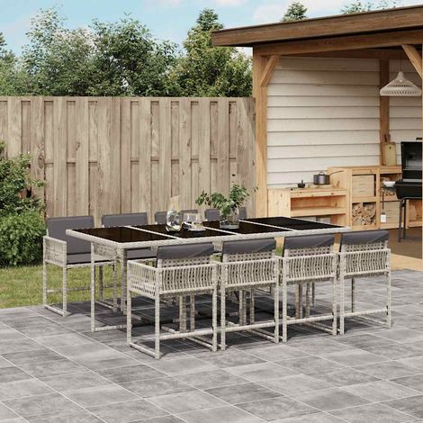 9-tlg. Garten-Essgruppe mit Kissen Hellgrau Poly Rattan