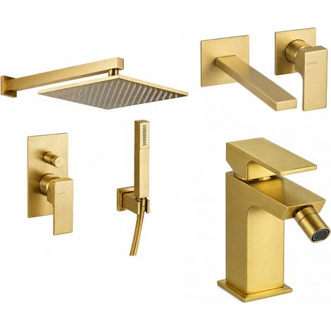 Set miscelatori lavabo a parete, bidet e kit doccia in colore oro spazzolato Gattoni SQUARE KITSQUARESG6