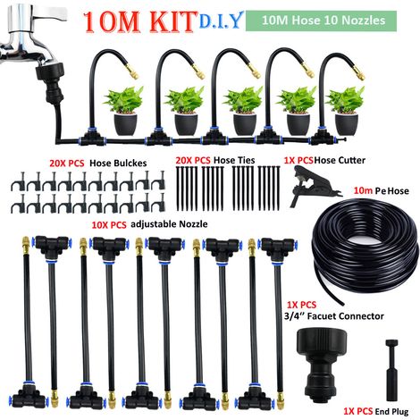 Kit brumisateur 10m avec 10 buses orientables en laiton, tuyau PE 8mm anti-UV, système d'arrosage pour jardin et terrasse (1/5)