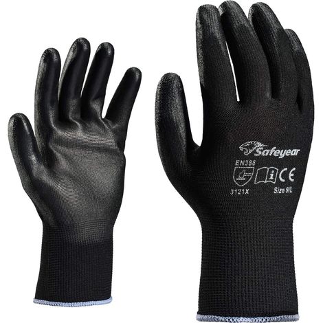 12 paires de gants de travail de sécurité enduits de PU noir, légers pour le jardinage, les constructeurs, le bricolage, l'entrepôt, les mécaniciens hommes et femmes (noir M) (1/5)
