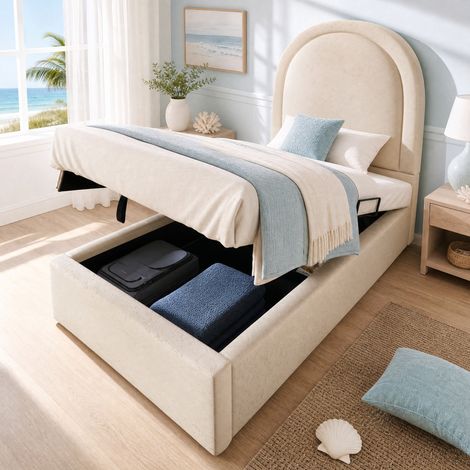 Letto per bambini 90x200 cm in PU e legno beige con contenitore, senza materasso FloraGrace (1/5)