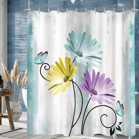 Rideau de douche, 180 x 200 cm, motif papillons, ourlet lesté, anti-moisissure, imperméable, lavable, en polyester, avec 12 œillets et anneaux de rideau de douche, pour salle de bain, baignoire (1/5)