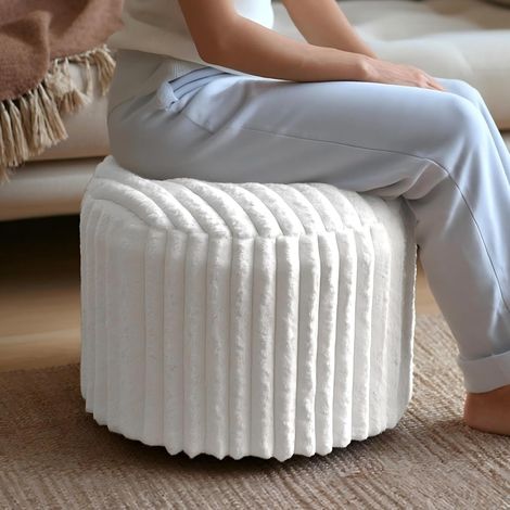 Pouf Rond en Mousse Dense avec Housse Amovible, Blanc Tabouret Repose-pieds à texture Fausse Fourrure Lapin, Pouf Canapé multifonction pour Salon, Bureau, Chambre, 38x50x50 cm (1/5)