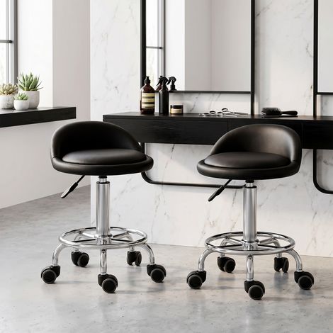Tabouret à roulettes avec dossier, hauteur réglable de 57 à 72 cm, pivotant, idéal pour le bureau, le salon de coiffure et le massage. (1/5)