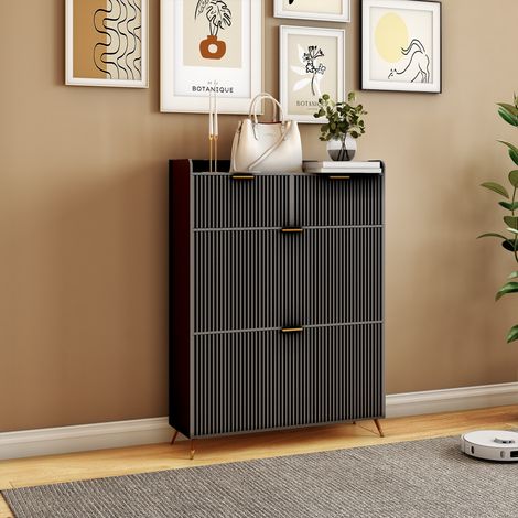 Scarpiera rétro moderna - Mobile basso con 2 cassetti e 2 ante a ribalta - Gambe dorate - Legno ingegnerizzato e metallo - Nero