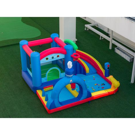 COSTWAY Castello Gonfiabile per Bambini,con Piscina, Cannone d'Acqua, Gioco con Anelli,3-12 Anni
