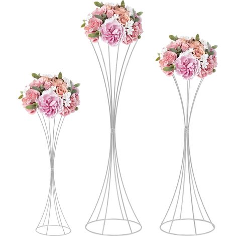 Lot de 3 supports à fleurs de mariage sur pied en forme sablier, 3 tailles différentes, centre de table décoratif pour banquet, anniversaire, fête, événement et réception (50/66/79 cm H) (1/5)