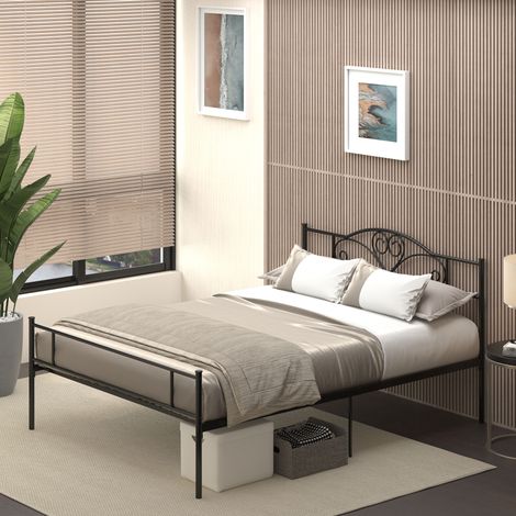 Cadre de lit double HOMCOM en métal pour matelas 150x200 cm avec tête de lit et pieds de 31 cm, structure de lit double avec espace de rangement bas 158x211x106 cm Noir