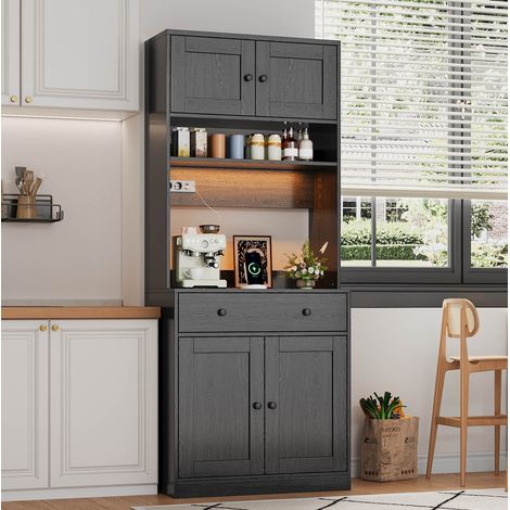 Mobile cucina alto 180 cm con LED, presa e ampio cassetto in MDF nero HAVRYA (1/5)