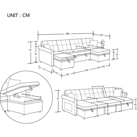 Canapé d'angle en U avec fonction lit et rangement, grand canapé convertible en tissu chenille gris (1/5)