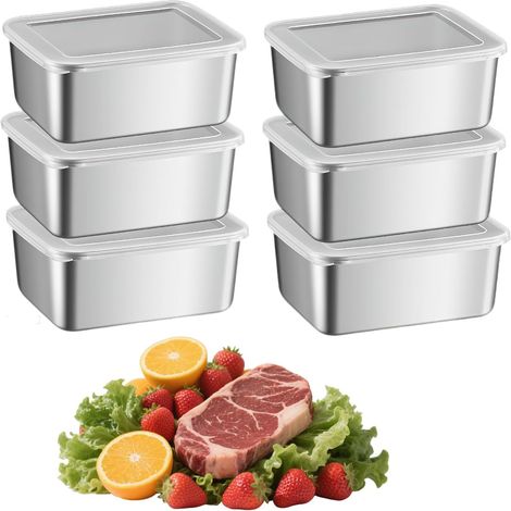 6 stapelbare, wiederverwendbare Aufbewahrungsbehälter aus Edelstahl für Wurstwaren/Kühlschrank, inklusive Deckel