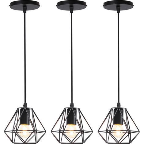 3PCS Plafonnier Rétro Suspension Luminaire D'Intérieur Vintage Noire Suspension Lustre Cage En Fer Métallique, Pour Cuisine, Bureau