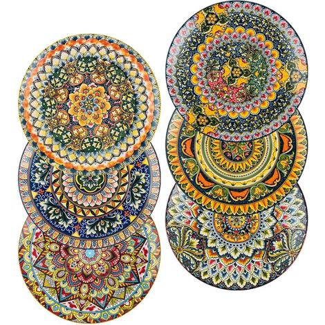Assiettes Plate Set Assiette Coloré en Porcelaine pour 27cm Lot de Multicolore Dessert Salade Fruit Gâteau Style Bohème (1/5)