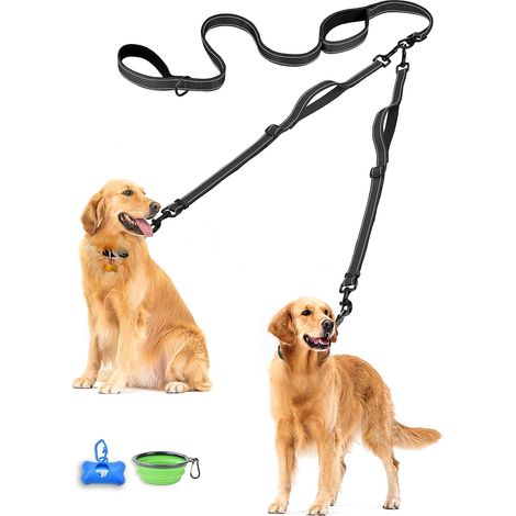 Double Dog Lead for 2 Dogs, No Tangle Lead for 2 Dogs, Large, Adjustable, Reflective Double Leads with 4 Cosy Padded Handles (Black) (1/5)