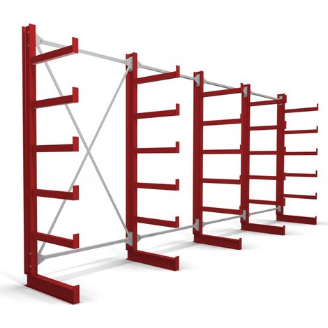 STIER Kragarmregal einseitig 4 Felder mit 5 Ebenen 5200x2000x500mm feuerrot