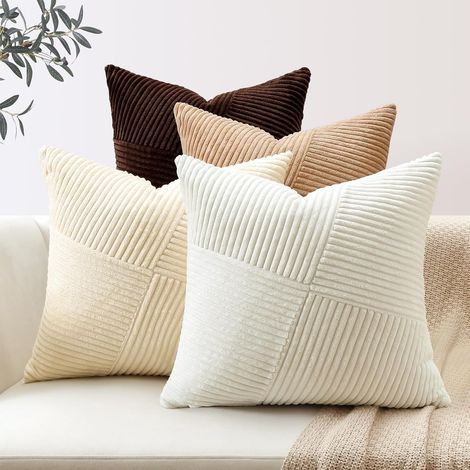 Lot de 4 Housse de Coussin 60x60 cm en Velours Côtelé, Housse Coussins Bohème Patchwork à Rayures Pinwheel Doux Taies d'oreiller Décoratives pour Lit Canapé Chambre Salon, Marron Crème Blanc (1/5)