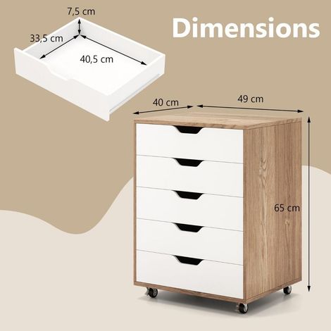 Rangement mobile avec caisson à 5 tiroirs, roulettes pivotantes avec freins, pour bureau, chambre ou salon (1/5)