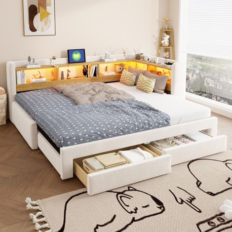Sofá cama 90x200 cm de tejido beige, extensible 3 en 1 para invitados FloraGrace (1/5)
