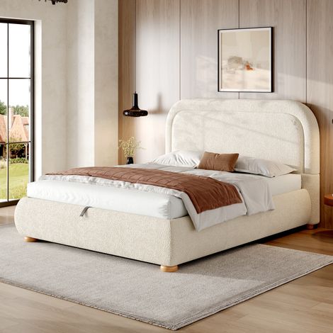 Letto contenitore 140 x 190 cm con rete a doghe, testiera imbottita, tessuto bouclé beige DESVIAE (1/5)