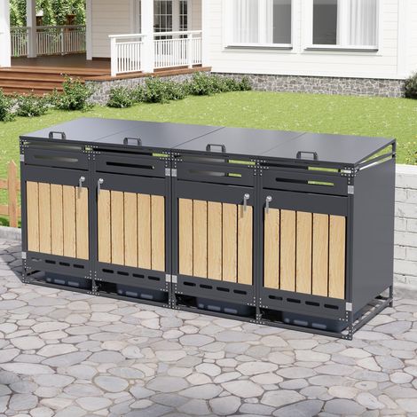 Contenitore per rifiuti a 4 scomparti 262x79x116 cm, sportello idraulico, ventilazione a fessure, ferro nero (1/5)