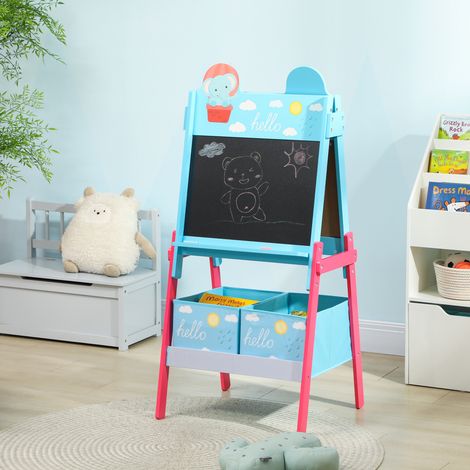 Panneau enfant à double face avec 2 boîtes en tissu, chevalet de peinture pour enfants avec motif d'animaux, rose (1/5)