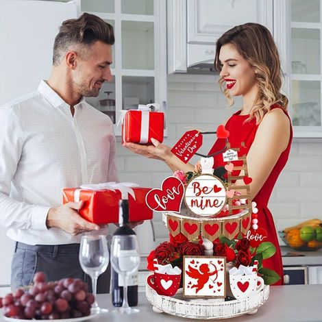 Ornement En Bois - Set Décoration Plateau À Étages Pour Jour De La Saint-Valentin - Motif Amour Cœur - 314 Pièces (1/5)