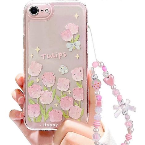 Coque compatible avec iPhone 7, iPhone 8 et iPhone SE 2020/SE 2022. Motifs fleurs et tulipes, nœud papillon, fraise et chaîne de perles. Fine et souple, en TPU. (1/5)
