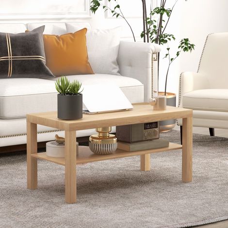 Wohnzimmer-Couchtisch, rechteckiger Beistelltisch mit 2 Ablagen und Ablagefläche, 90 x 45 x 44,5 cm, Naturholz