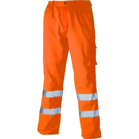 Dickies – Pantalon polycoton haute visibilité orange – Élastique latéral – Bandes réfléchissantes 5 cm – Poches latérales et cargo – Norme EN ISO 20471