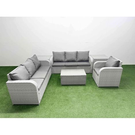 Fimous 7 Seater Poly Rattan Outdoor Garden Furniture Sofa Set Patio 3 Seater Sofa Reclining Chair 3 Seater Sofa 2 Side Table Light Grey (1/5)
