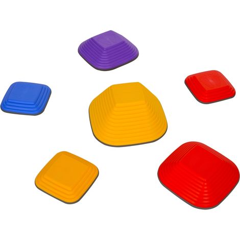 AS EASY Galets de rivière, lot de 6. Pierres d'équilibre carrées, empilables et antidérapantes. Supportant jusqu'à 80 kg, elles conviennent aux enfants de 3 à 8 ans et sont colorées.