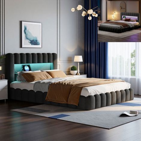 Letto Coffre 180x200 Lino Grigio - Idraulico - Testiera USB e LED - Capitonnè - Rete Inclusa (1/5)