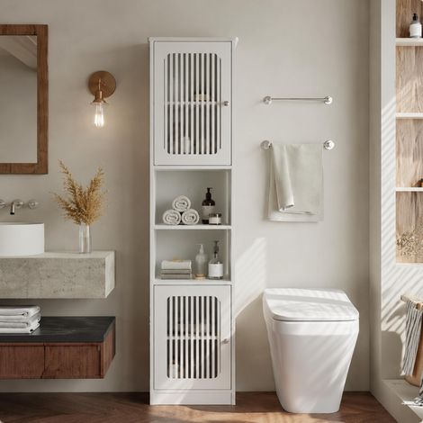 Meuble de salle de bain haut 36 x 30 x 163 cm - colonne de rangement étroite sur pied avec porte persienne et étagères réglables - mdf - blanc (1/5)