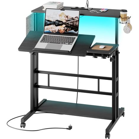 Dripex Bureau debout réglable en hauteur avec prises, bureau assis-debout avec roulettes, plateau inclinable, 80 x 60 cm, pour ordinateur portable, station de travail, noir (1/5)