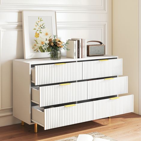 Kommode aus MDF in Weiß mit 6 Schubladen, goldfarbenen Griffen und Metallbeinen, 120 x 40 x 72 cm (1/5)