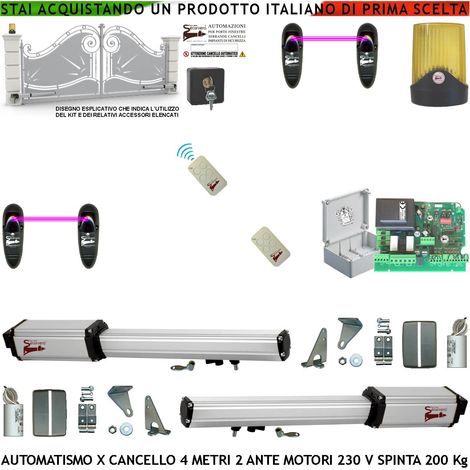 Apricancello 4 Metri 2 Ante da 2 MT Kit Base 2 Motori Elettromeccanici 230 V Sblocco Corsa 300 mm Spinta 2 Q.ntali Staffe 2 Radiocomandi 2 Coppie Fotocellule Selettore 2 Chiavi Faro Cartello Monitore (1/4)