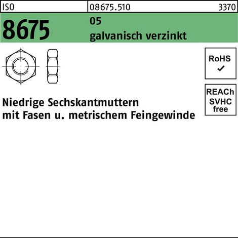 Sechskantmutter ISO 8675 M 10 x 1,25 Stahl galvanisch verzinkt 100 Stk