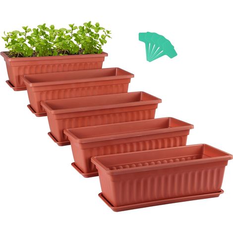 5 Pcs Pots de Fleurs rectangulaires 42,7cm, Support pour Plante avec Plateau, jardinière de Jardinage avec étiquette, pour Plantes Grasses, Herbes, Fleurs (Rouge Brique)
