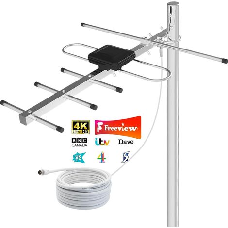 Antenne TV Extérieure Yagi – Antenne Râteau TNT HD 4K Longue Portée, Réception TV Stable et Puissante, Antenne TV Numérique Anti-Intempéries avec Câble Coaxial 10 m (K-FR-608-260521)