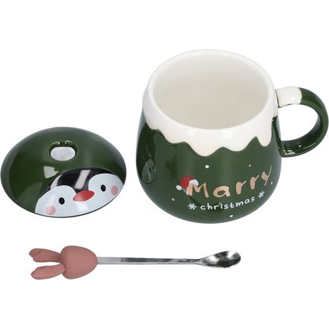 Tasse Céramique 450ml Élan Mignon Noël avec Couvercle et Cuillère, Mug à Café Vert pour Bureau