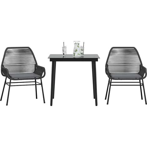 3-tlg. Garten-Essgruppe mit Kissen Schwarz Poly Rattan Glas