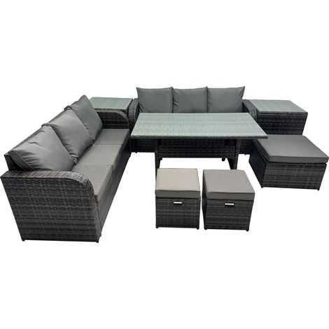 Fimous 9 Seat Outdoor Wicker PE Rattan Garden Furniture Set Dining Table Sofa Set with 2 Side Tables 3 Stools Dark Grey Mixed (1/5)