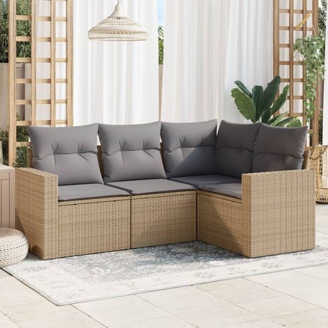 Salon de Jardin 4 Pièces en Résine Tressée Beige avec Coussins et Coffres de Rangement - PANGIVO (1/3)